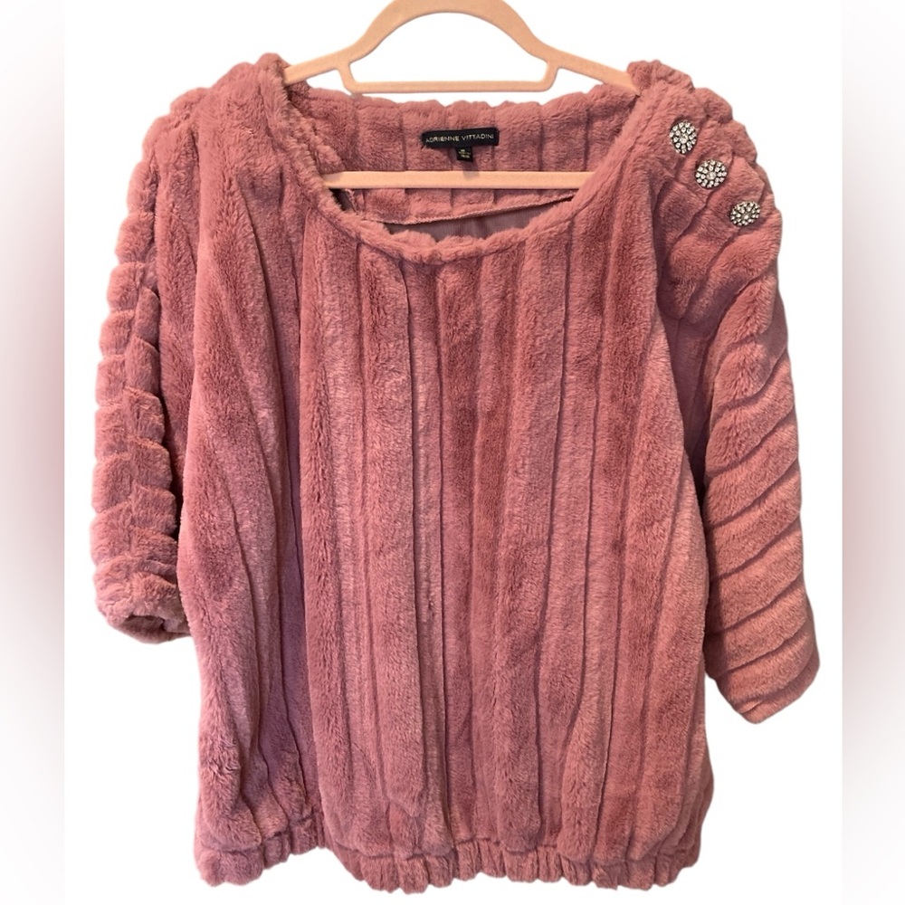 Adrienne Vittadini Ultra Soft Pink Rhinestone Teddy Bear Style Sweater